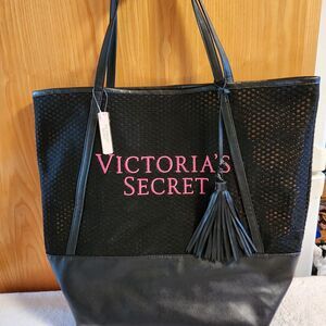 Victorias Secret Black Mesh Tote Gym Handbag Beach Weekender Travel Shopping Bag